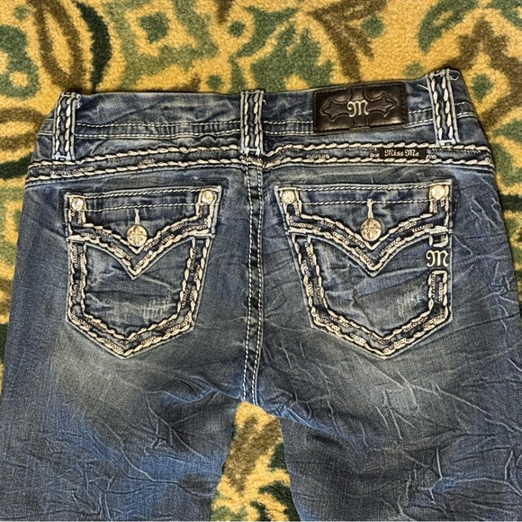 Miss Me Denim - Women’s Y2K Miss Me Acid Wrinkle Wash Thick Stitch Boot Stretch Jeans 27 29x32.5